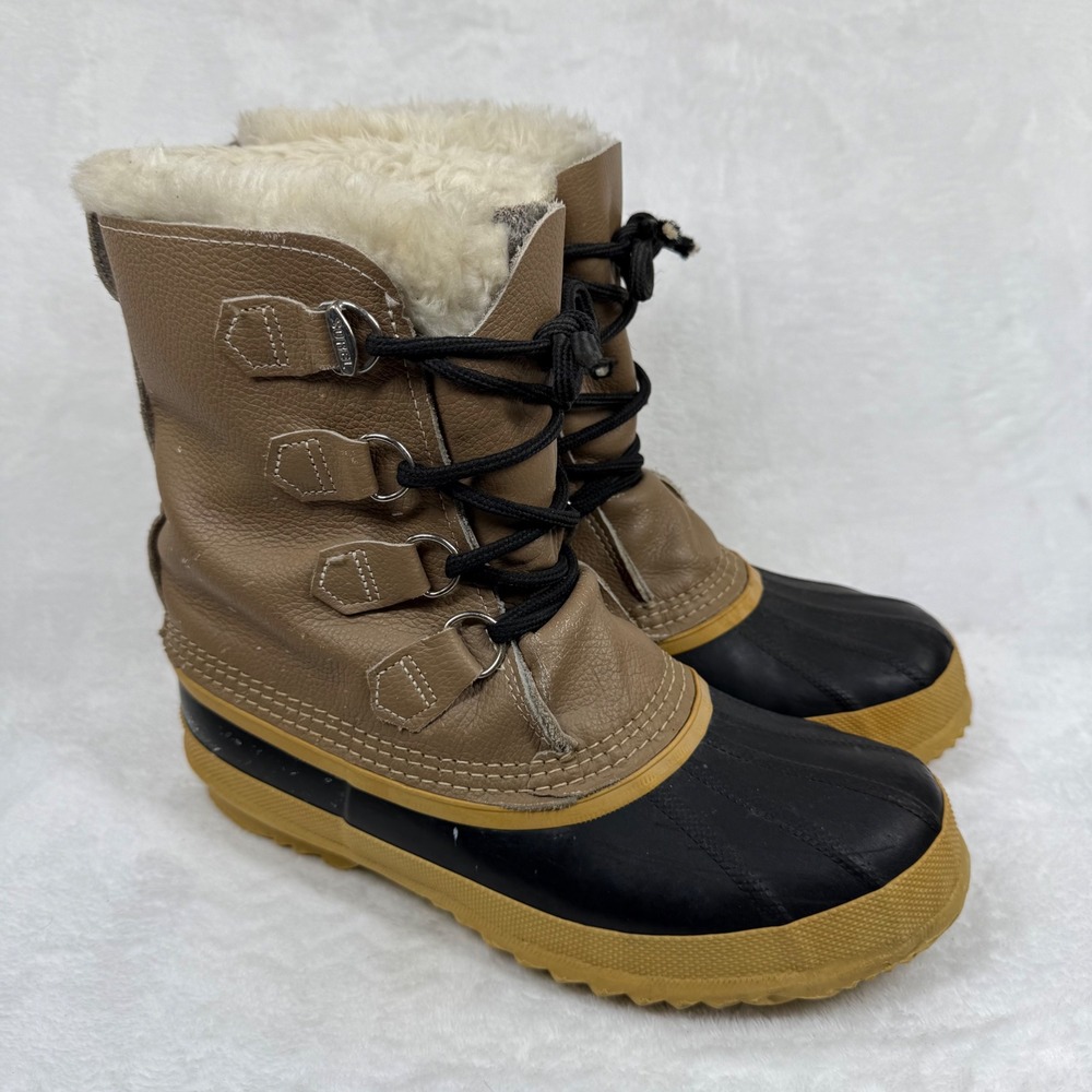 Sorel Caribou‎ Winter Duck Boots Tan Black Leather Rubber Made in Canada Mens 9